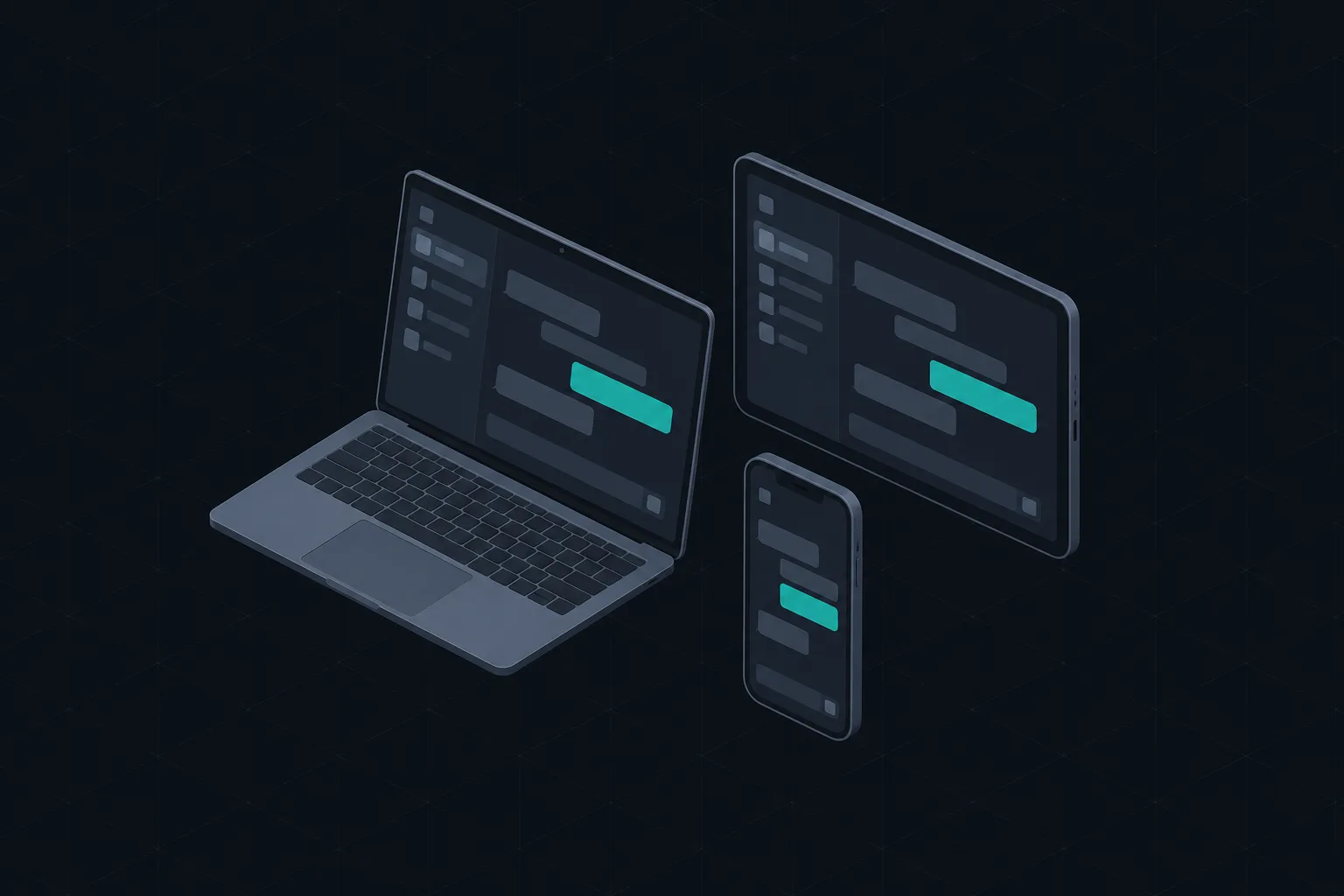 A laptop, a tablet and a phone, each showing the same chat with one teal answer.