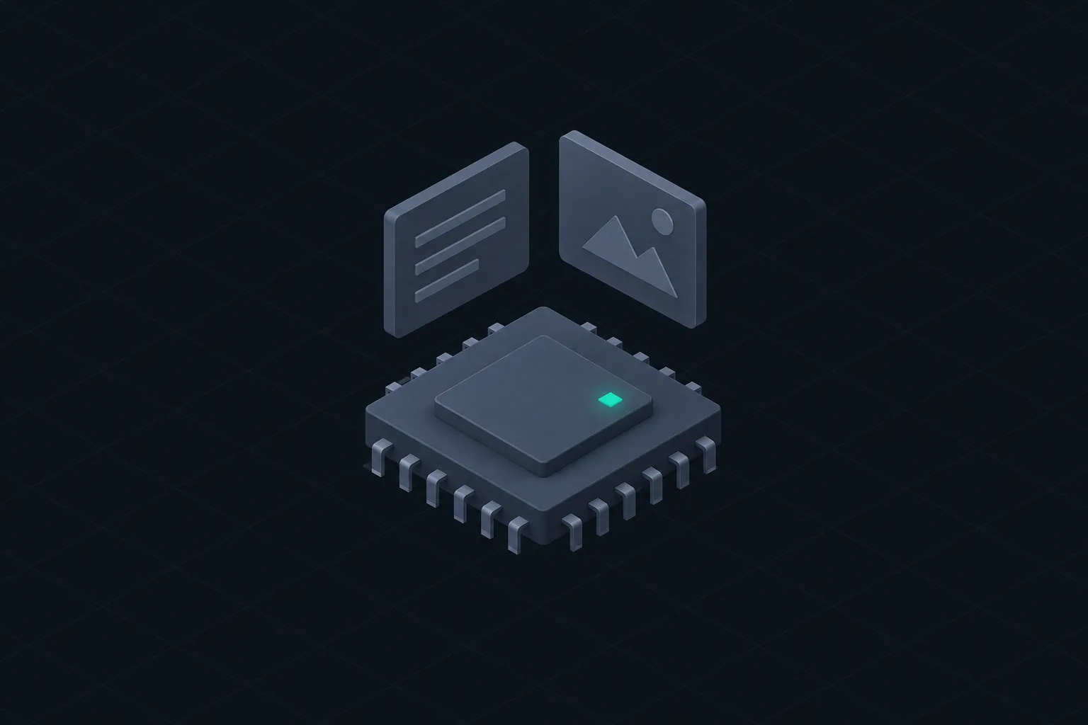 A processor chip with a text card and an image card floating above it.