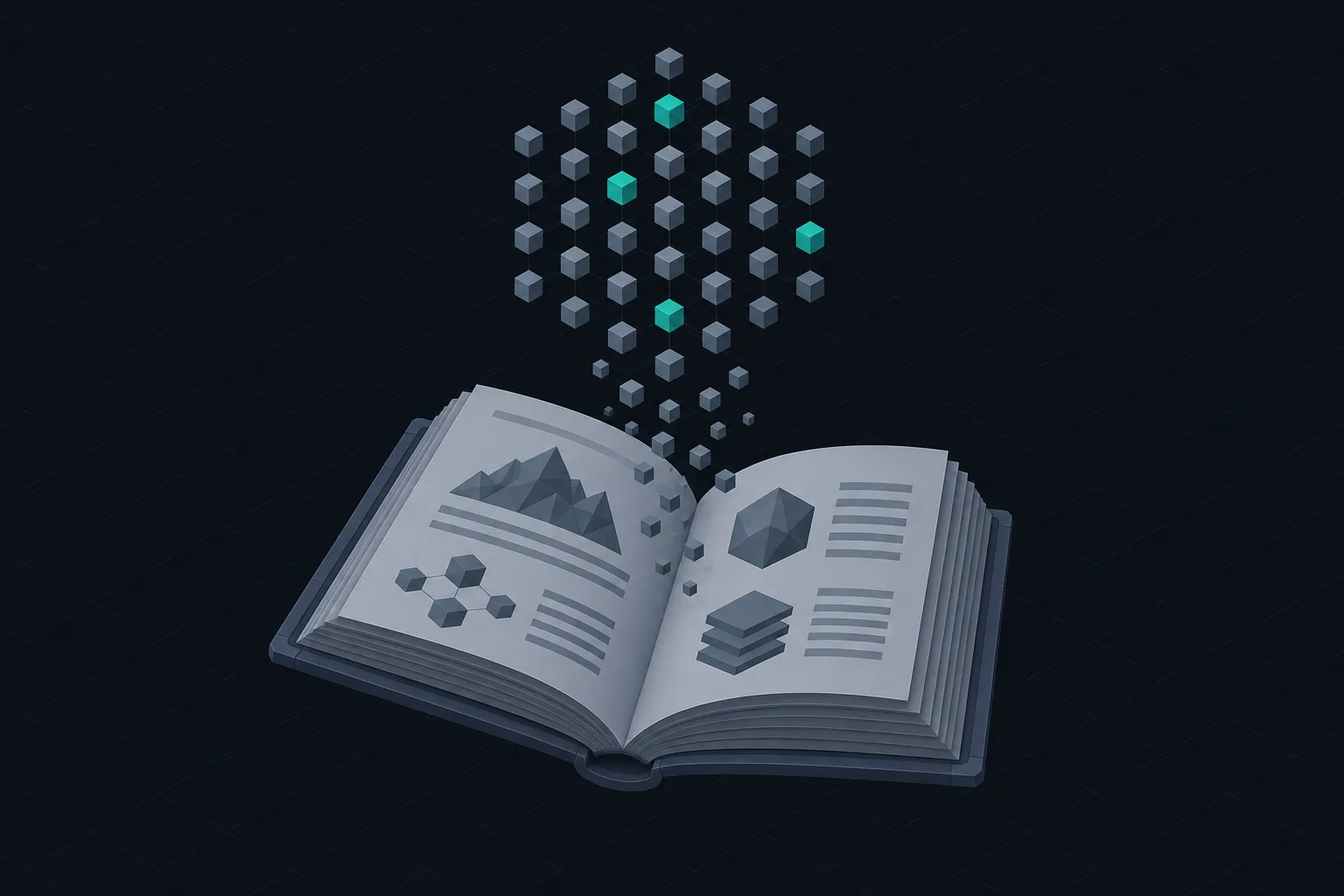 An open field guide with small cubes rising from its pages into a lattice.