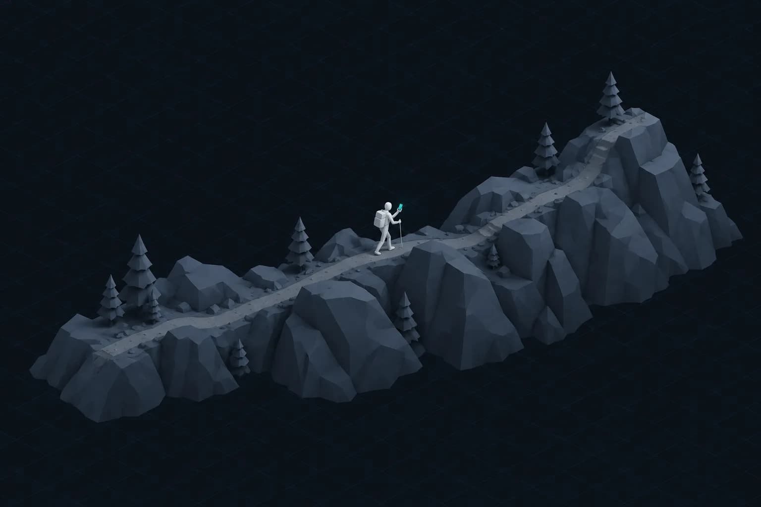 A hiker with a backpack walking a trail along a rocky ridge with pines.